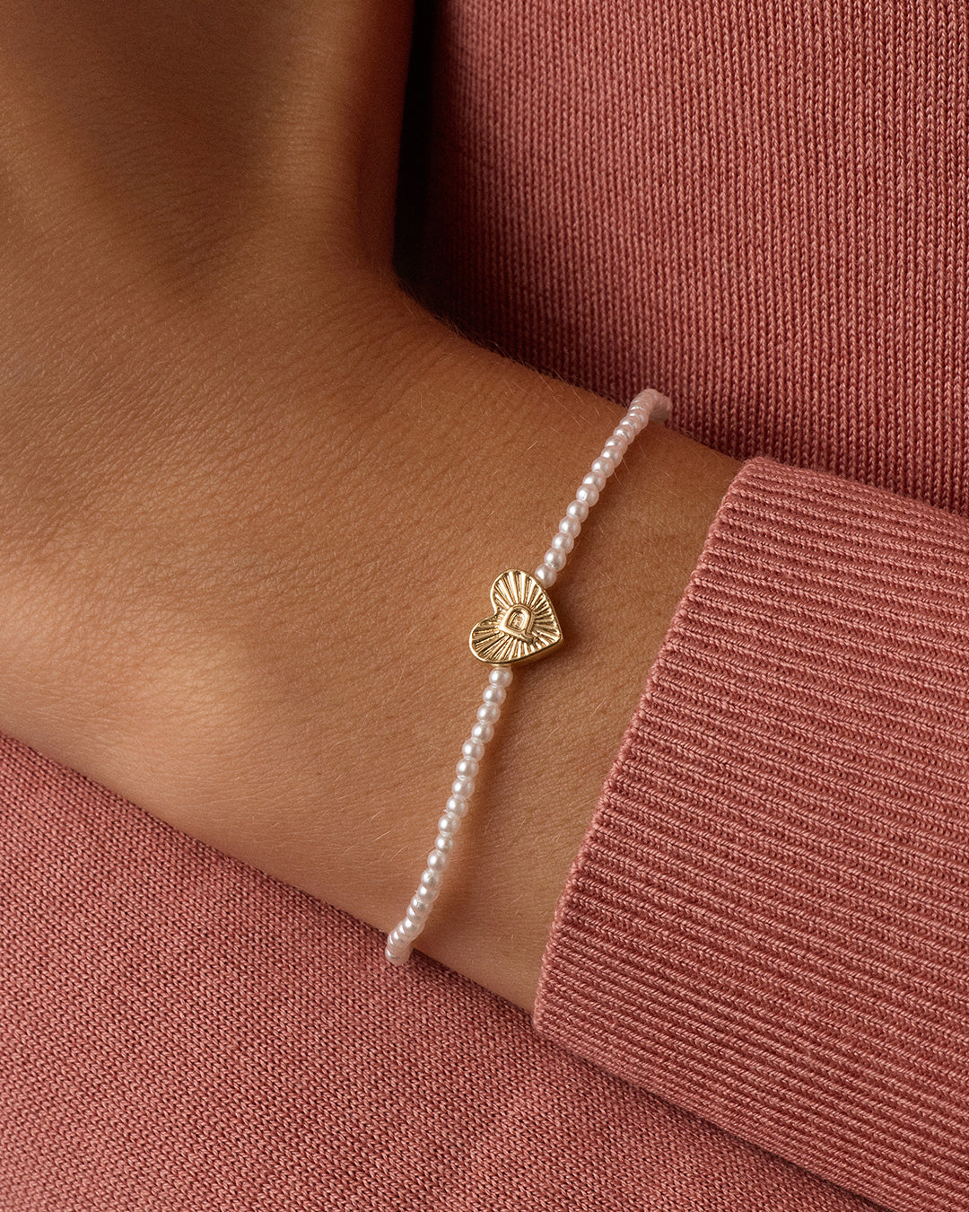 Pearl Vintage Heart Alphabet Bracelet || option::18K Gold Plated, P