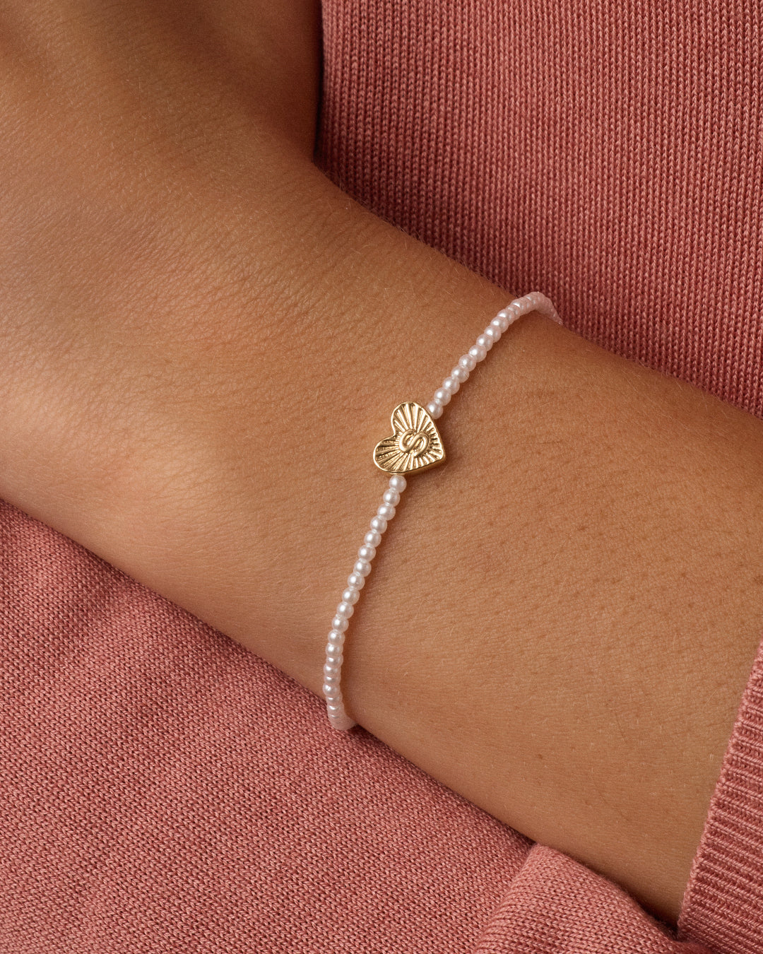 Pearl Vintage Heart Alphabet Bracelet || option::18K Gold Plated, S
