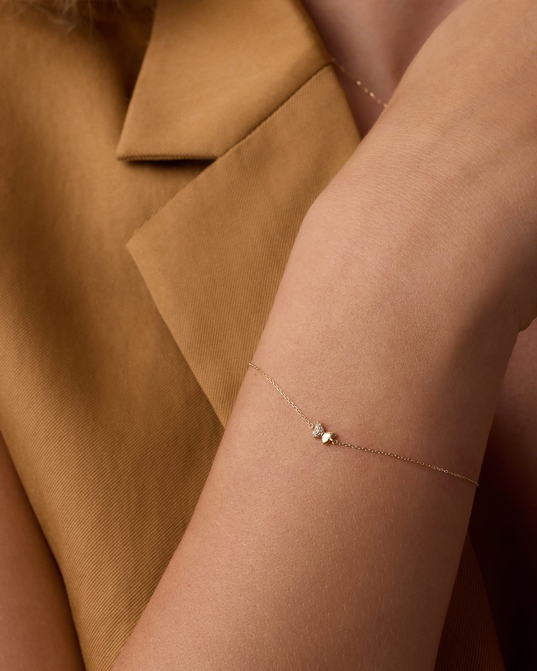Diamond Bond Butterfly Bracelet || option::14K Solid Gold, Single - Diamonds Left