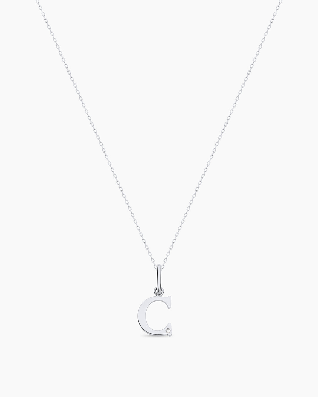 Diamond Vintage Alphabet Charm Necklace || option::14K Solid White Gold, C