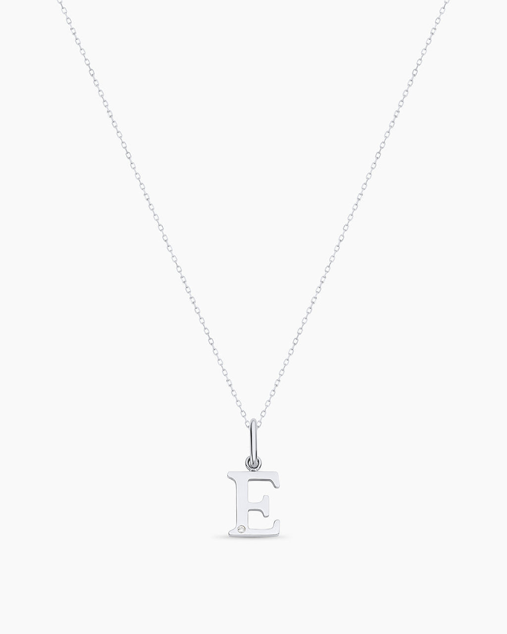 Diamond Vintage Alphabet Charm Necklace || option::14K Solid White Gold, E