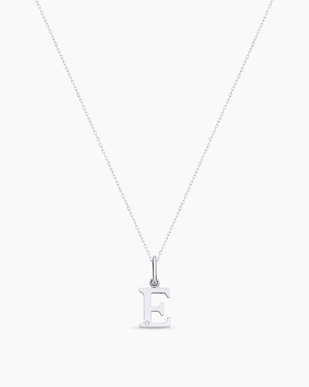 Diamond Vintage Alphabet Charm Necklace || option::14K Solid White Gold, E