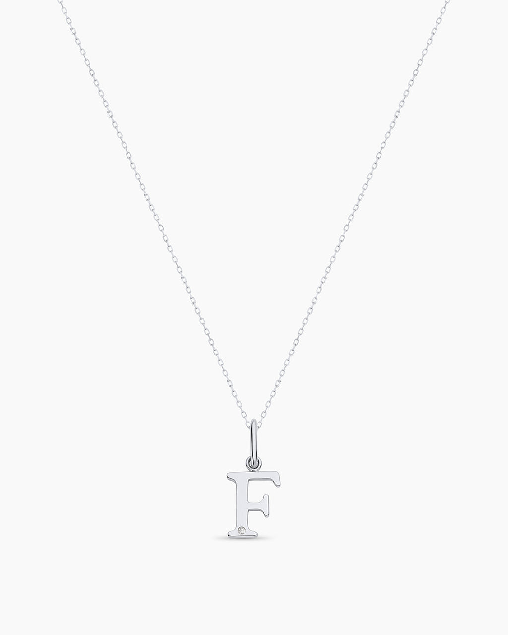 Diamond Vintage Alphabet Charm Necklace || option::14K Solid White Gold, F