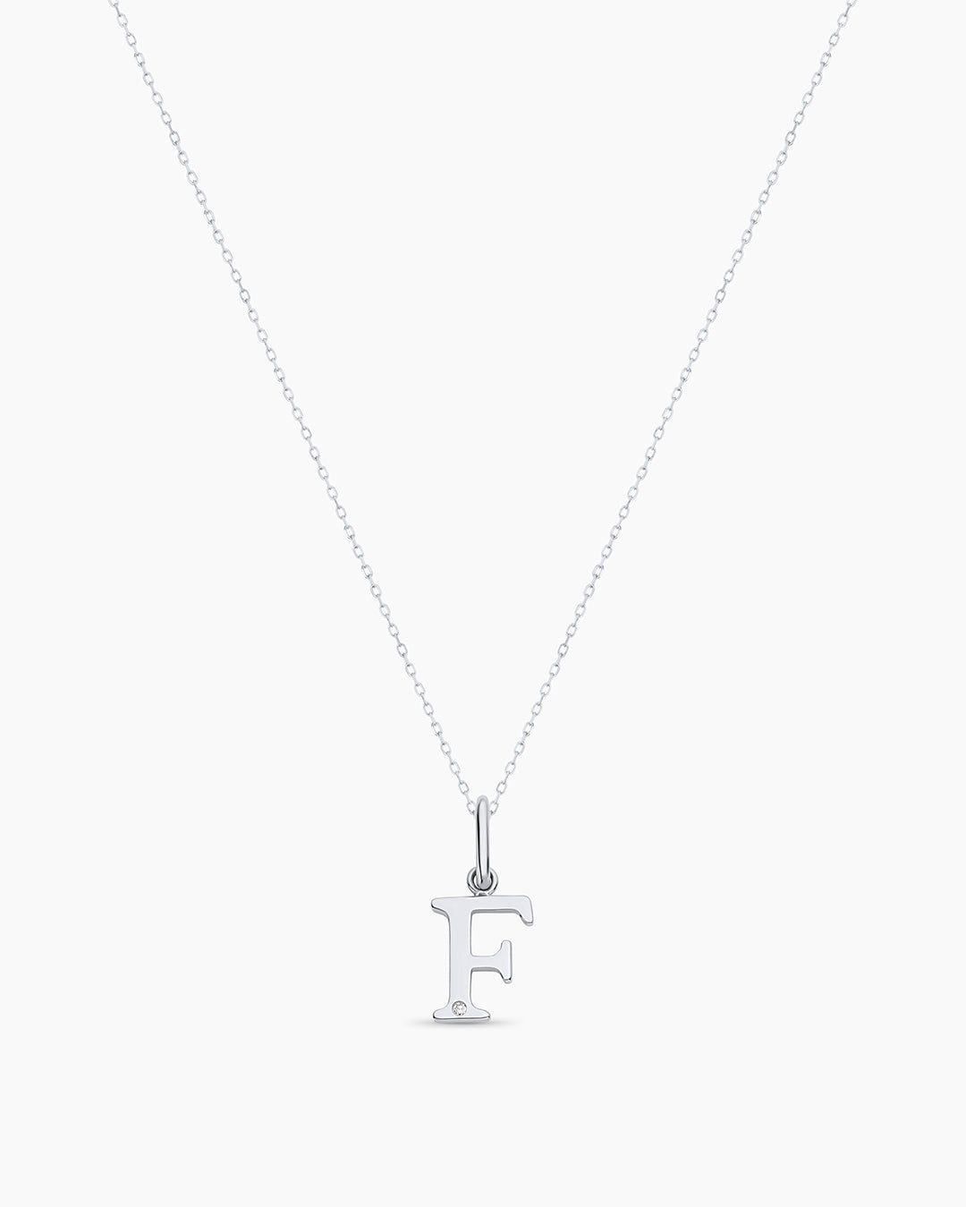Diamond Vintage Alphabet Charm Necklace || option::14K Solid White Gold, F