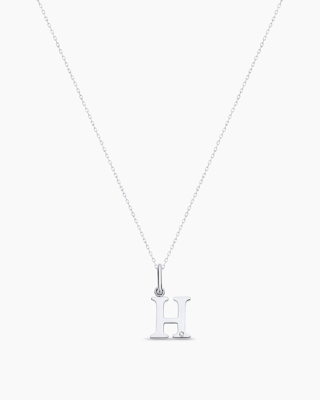 Diamond Vintage Alphabet Charm Necklace || option::14K Solid White Gold, H
