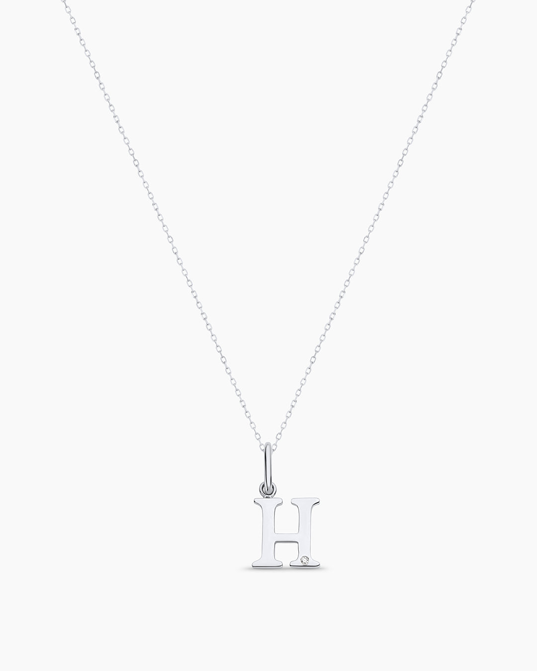 Diamond Vintage Alphabet Charm Necklace || option::14K Solid White Gold, H