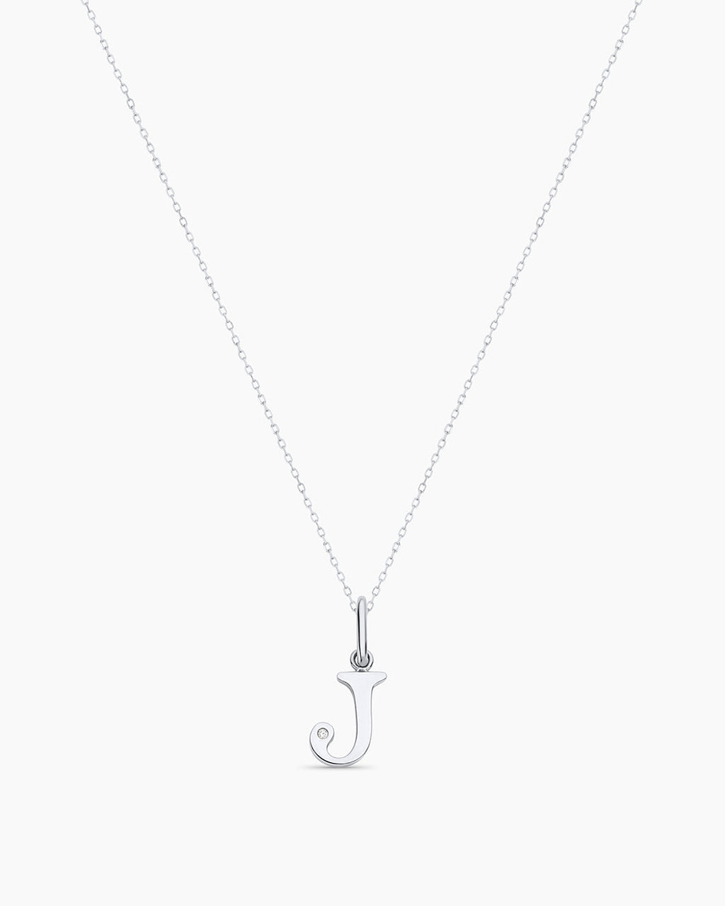 Diamond Vintage Alphabet Charm Necklace || option::14K Solid White Gold, J