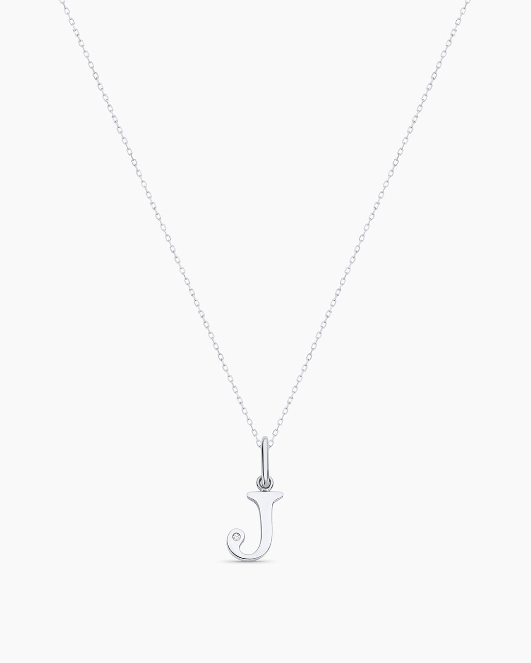 Diamond Vintage Alphabet Charm Necklace || option::14K Solid White Gold, J