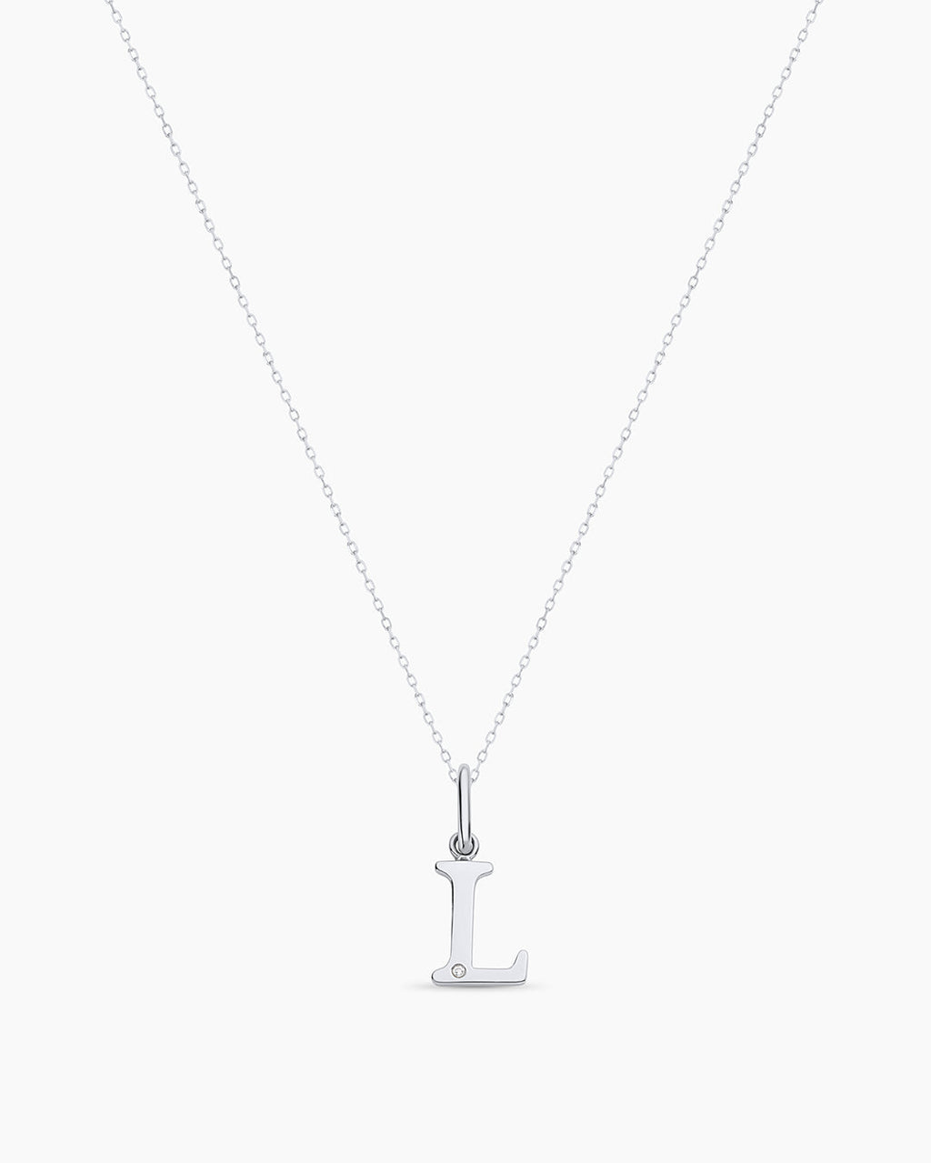 Diamond Vintage Alphabet Charm Necklace || option::14K Solid White Gold, L