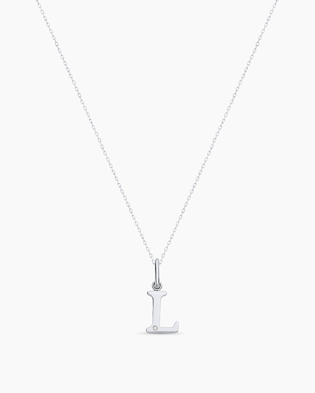 Diamond Vintage Alphabet Charm Necklace || option::14K Solid White Gold, L