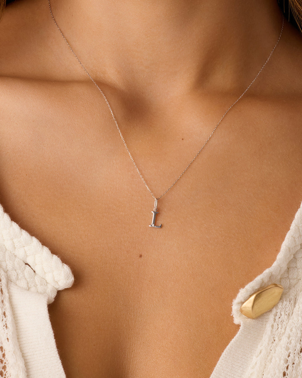 Diamond Vintage Alphabet Charm Necklace || option::14K Solid White Gold, L