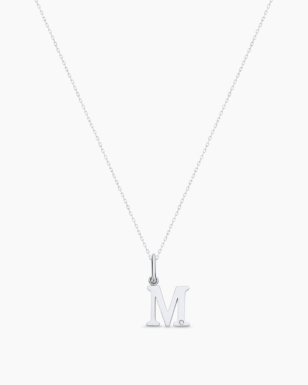 Diamond Vintage Alphabet Charm Necklace || option::14K Solid White Gold, M