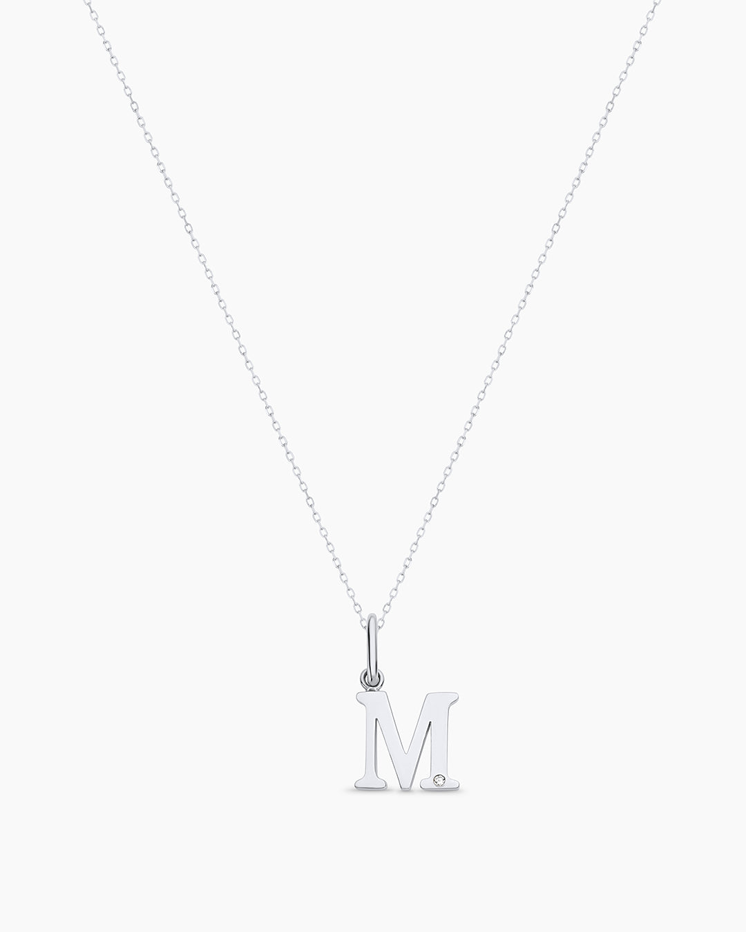 Diamond Vintage Alphabet Charm Necklace || option::14K Solid White Gold, M