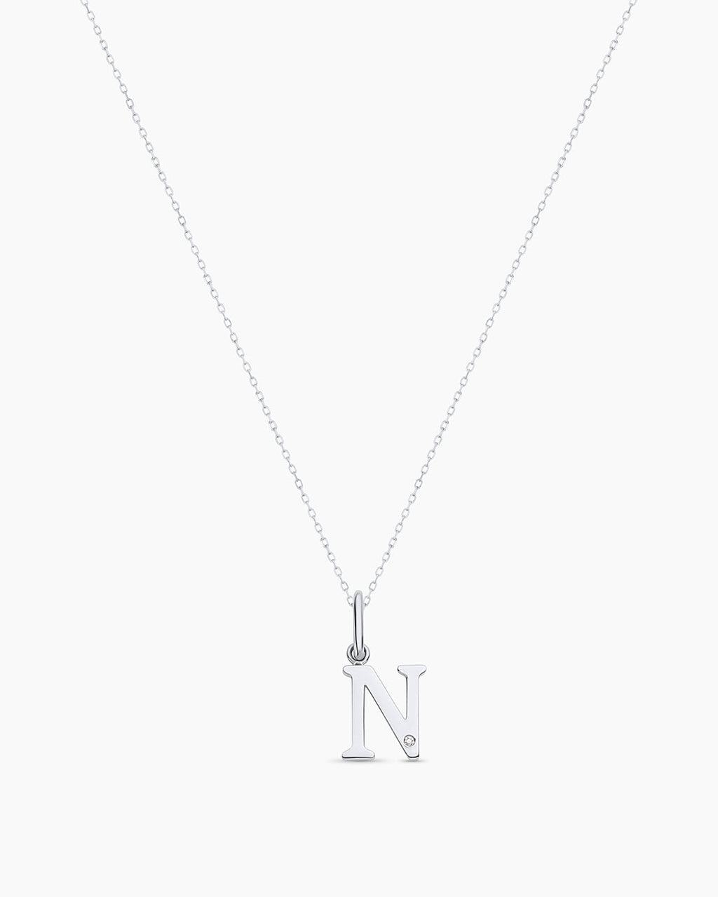 Diamond Vintage Alphabet Charm Necklace || option::14K Solid White Gold, N