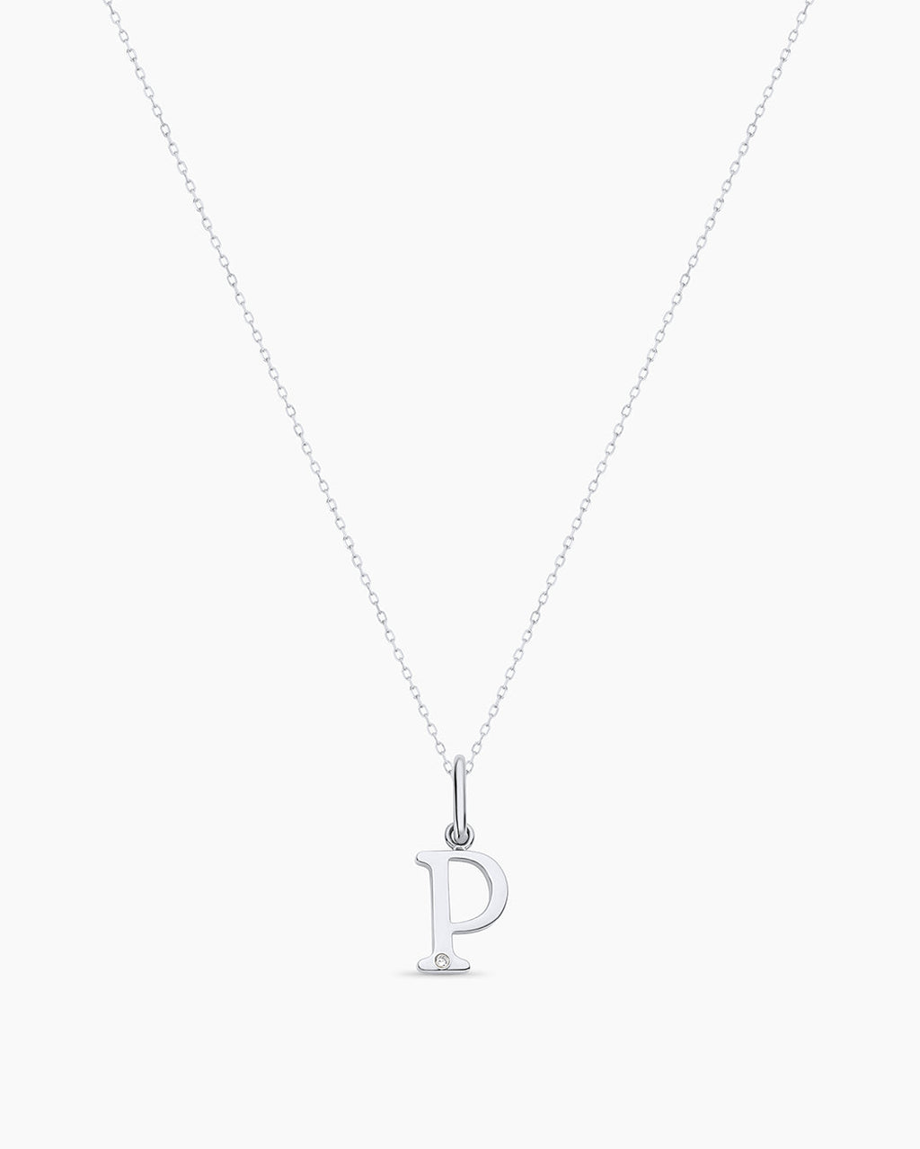 Diamond Vintage Alphabet Charm Necklace || option::14K Solid White Gold, P