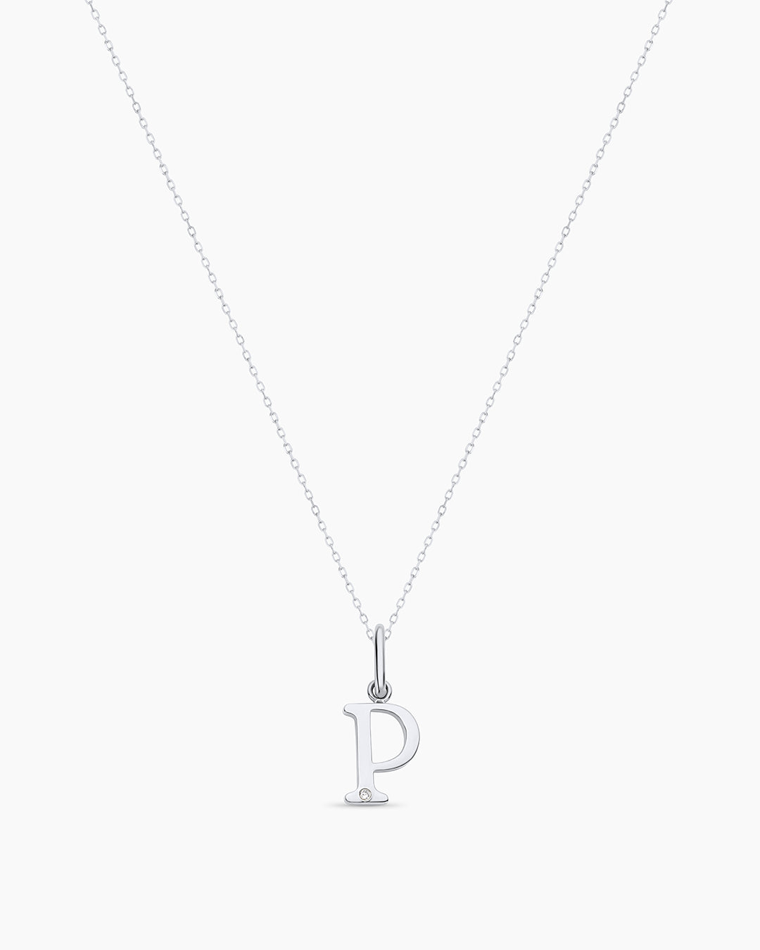 Diamond Vintage Alphabet Charm Necklace || option::14K Solid White Gold, P