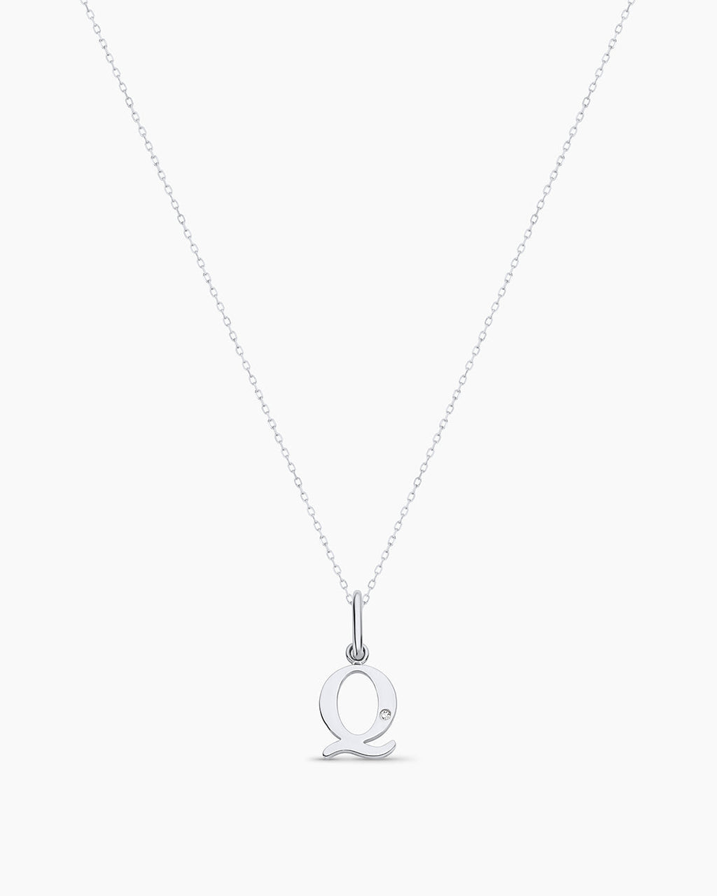 Diamond Vintage Alphabet Charm Necklace || option::14K Solid White Gold, Q
