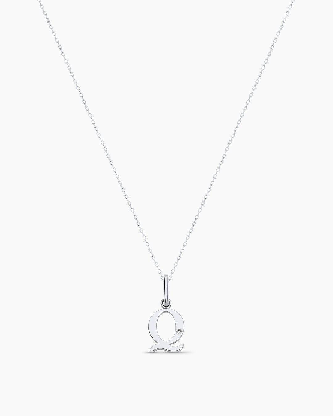 Diamond Vintage Alphabet Charm Necklace || option::14K Solid White Gold, Q