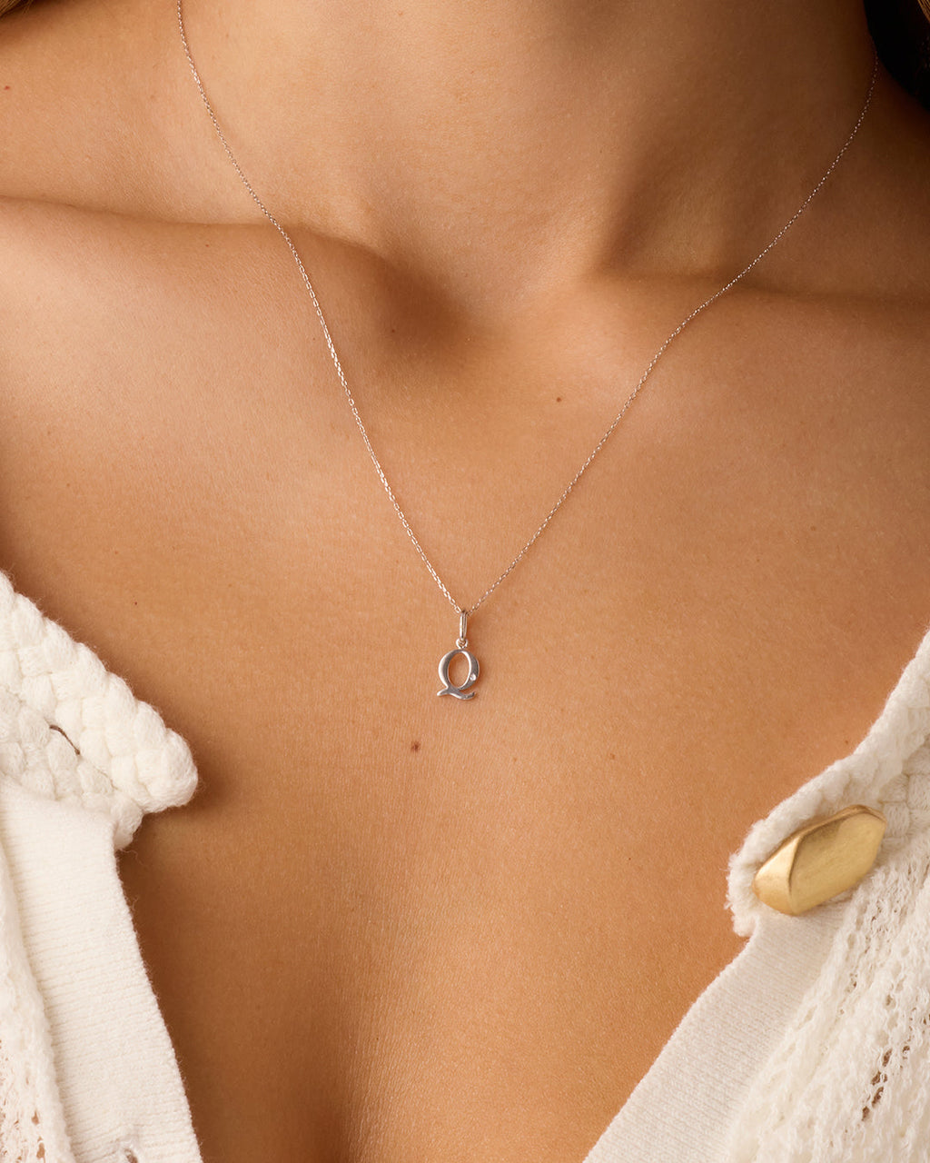 Diamond Vintage Alphabet Charm Necklace || option::14K Solid White Gold, Q