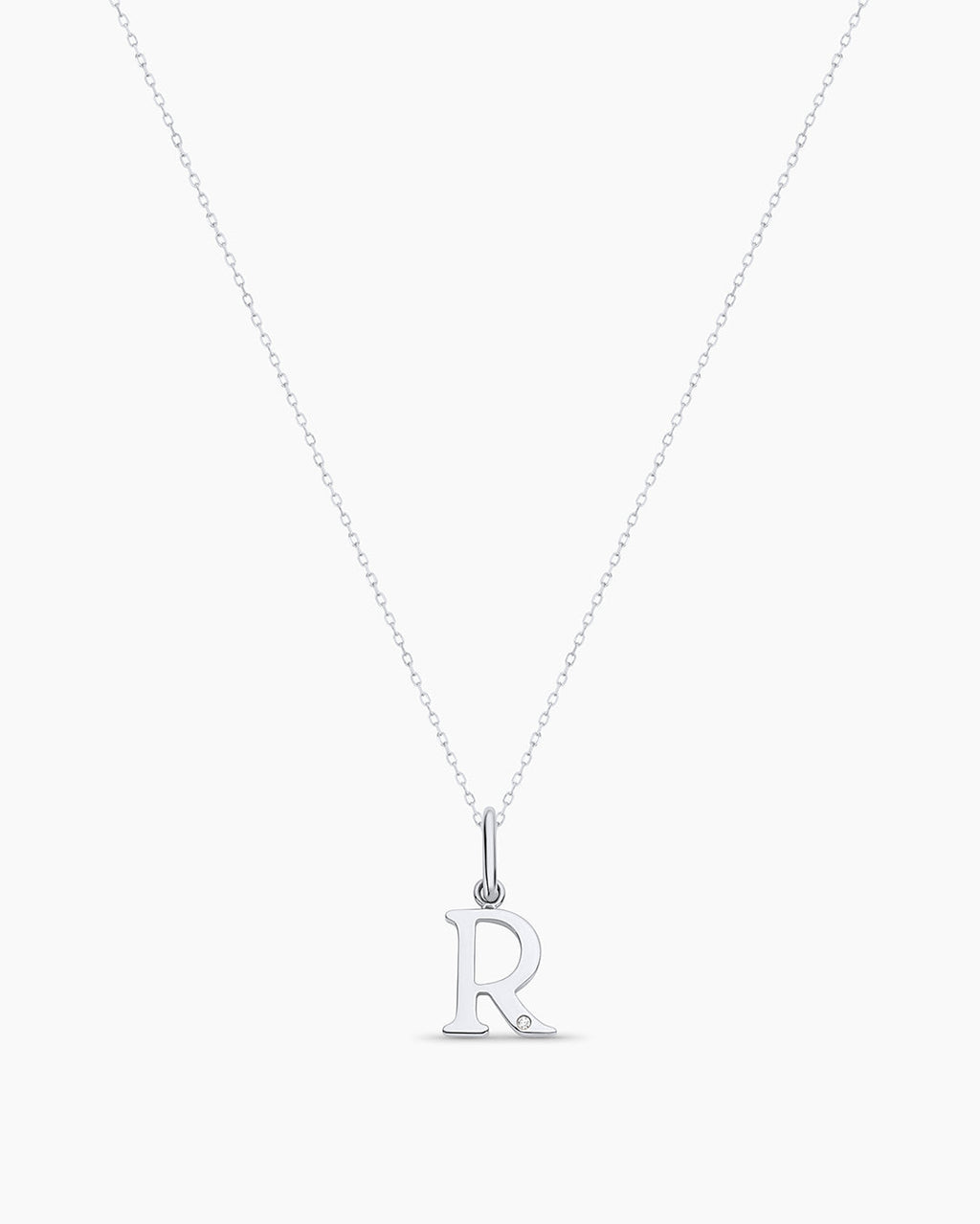 Diamond Vintage Alphabet Charm Necklace || option::14K Solid White Gold, R