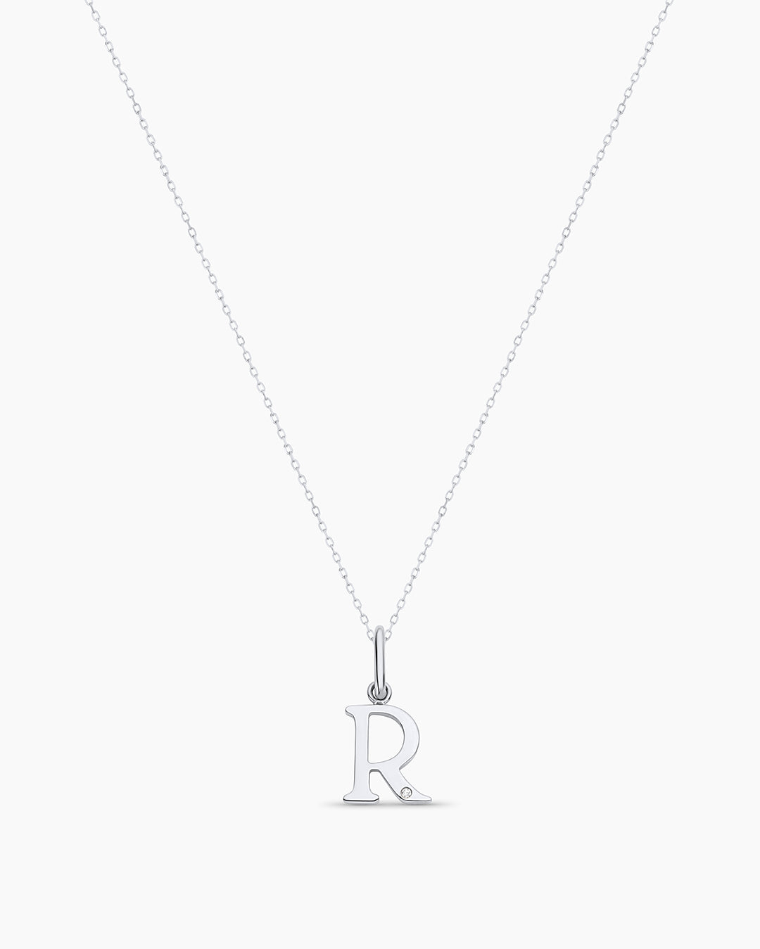 Diamond Vintage Alphabet Charm Necklace || option::14K Solid White Gold, R