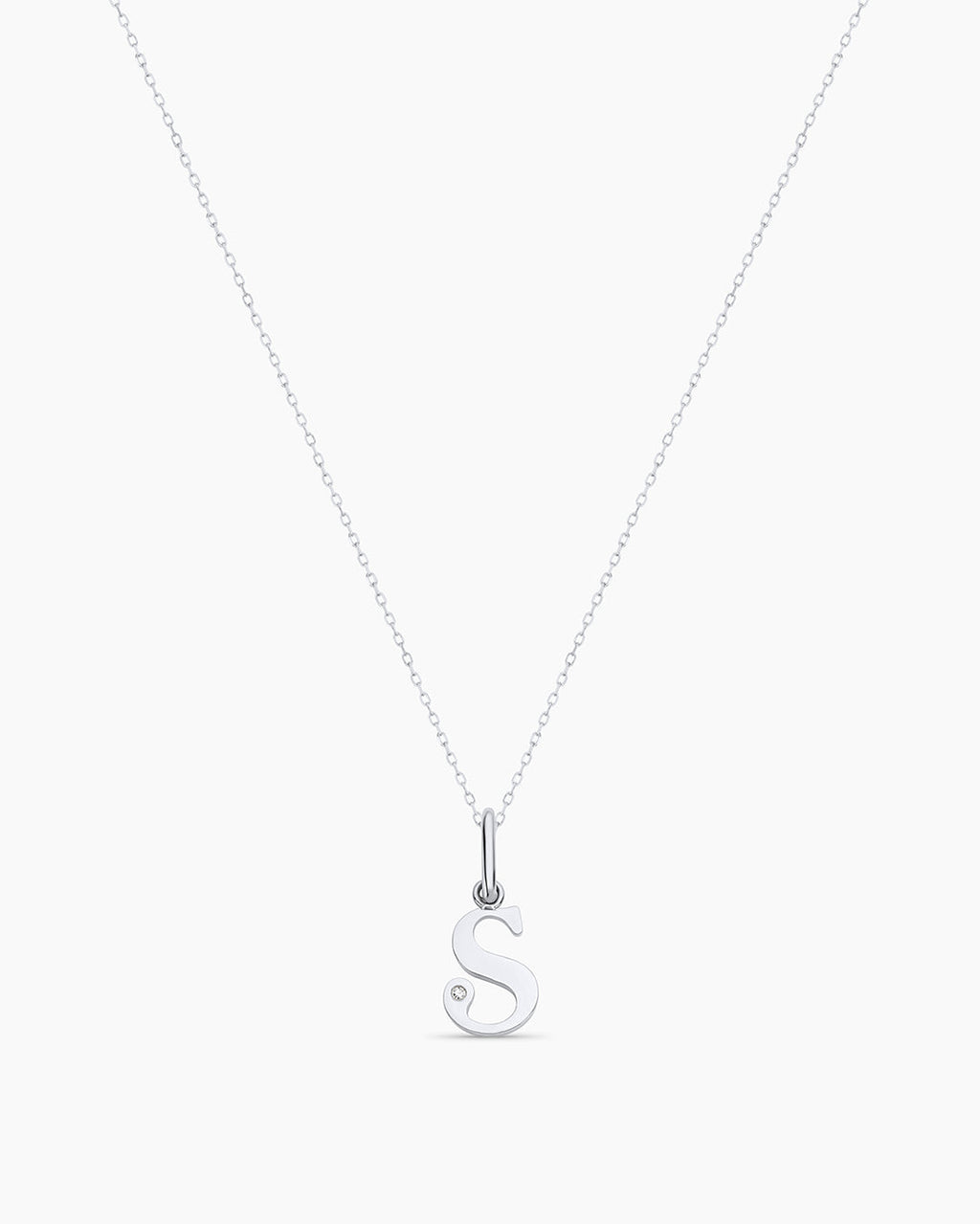 Diamond Vintage Alphabet Charm Necklace || option::14K Solid White Gold, S
