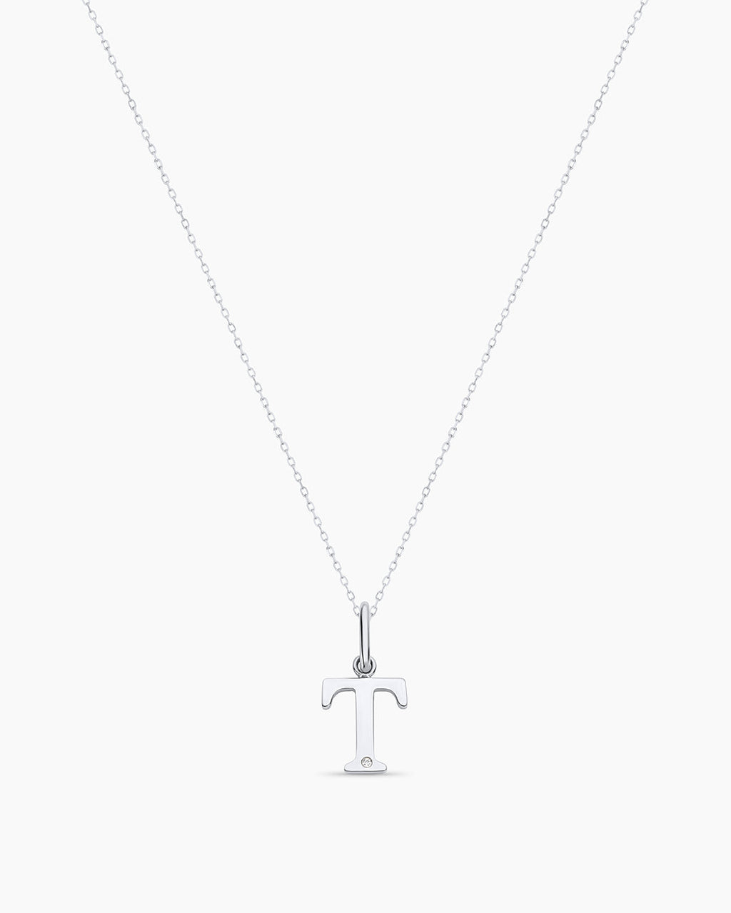 Diamond Vintage Alphabet Charm Necklace || option::14K Solid White Gold, T