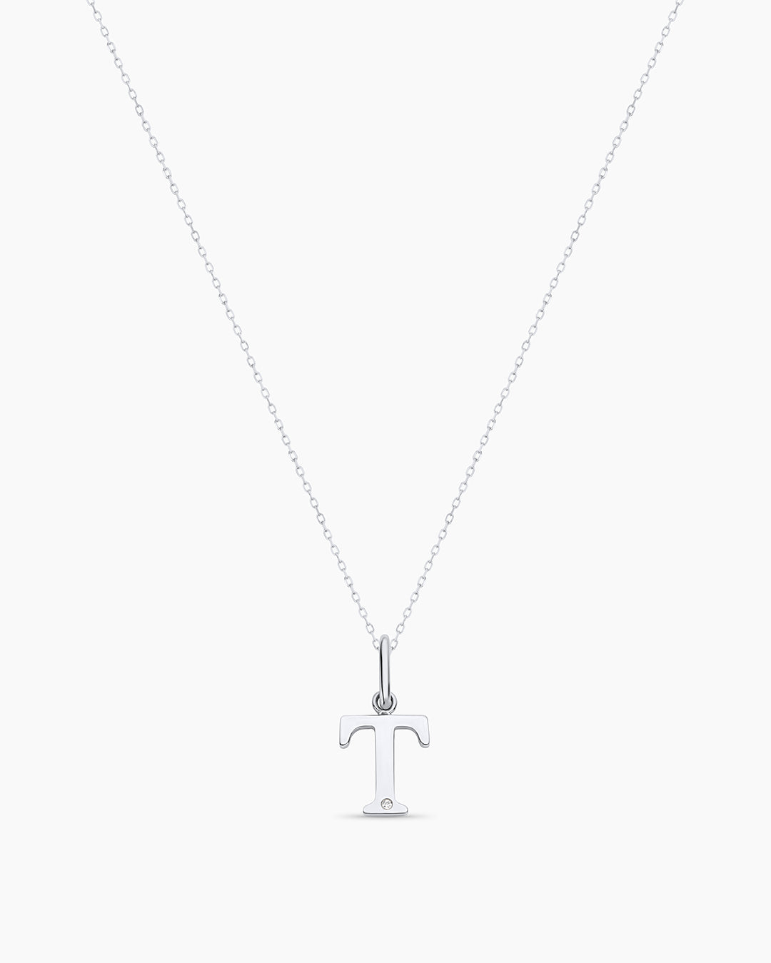 Diamond Vintage Alphabet Charm Necklace || option::14K Solid White Gold, T