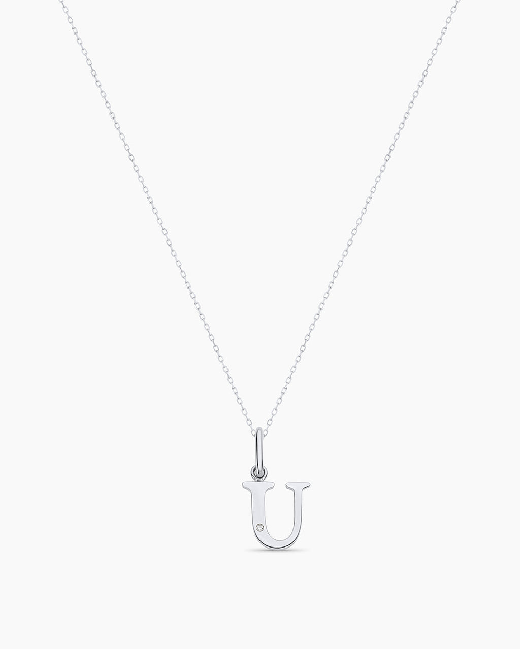 Diamond Vintage Alphabet Charm Necklace || option::14K Solid White Gold, U