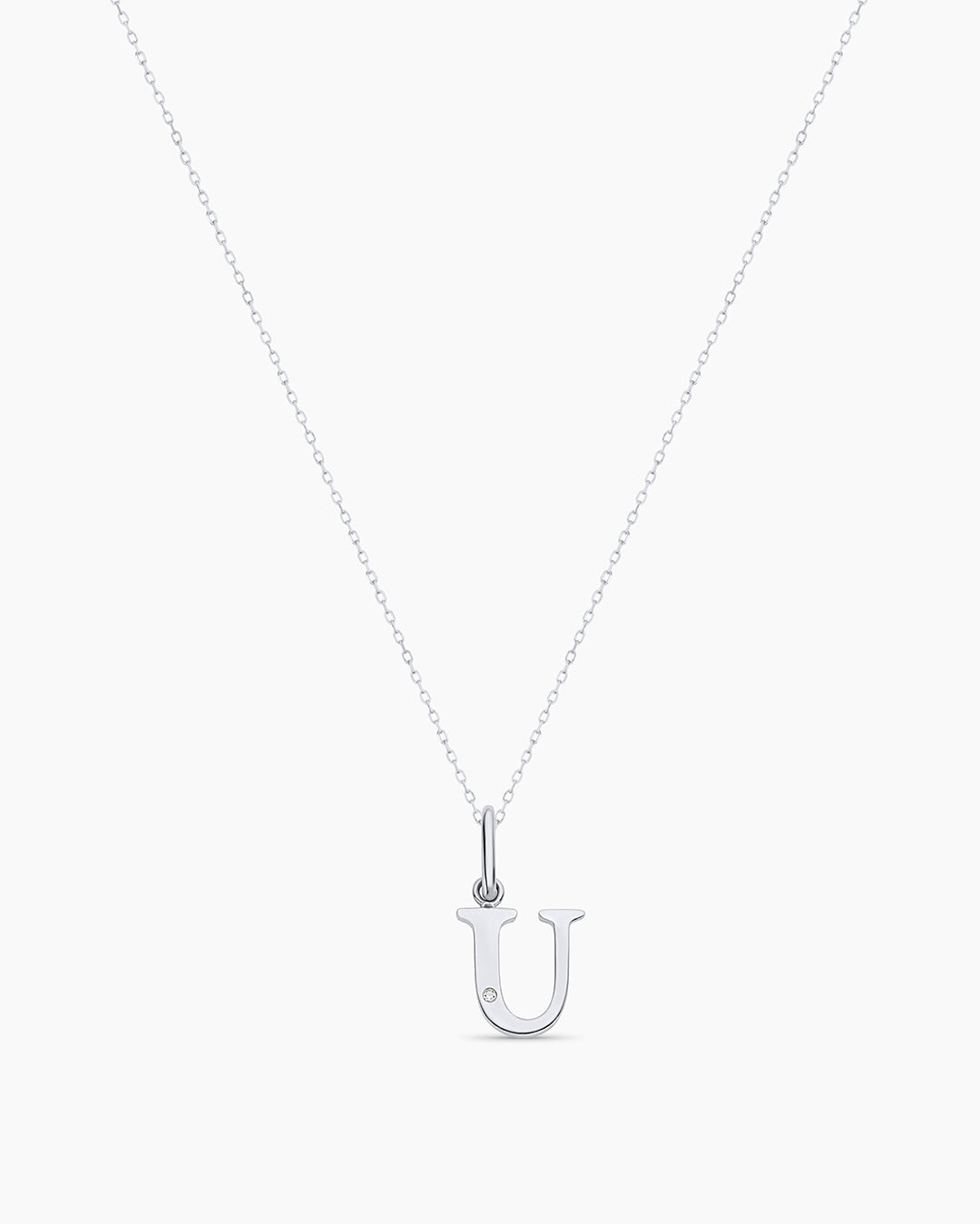 Diamond Vintage Alphabet Charm Necklace || option::14K Solid White Gold, U