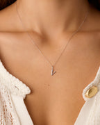 Diamond Vintage Alphabet Charm Necklace || option::14K Solid White Gold, V