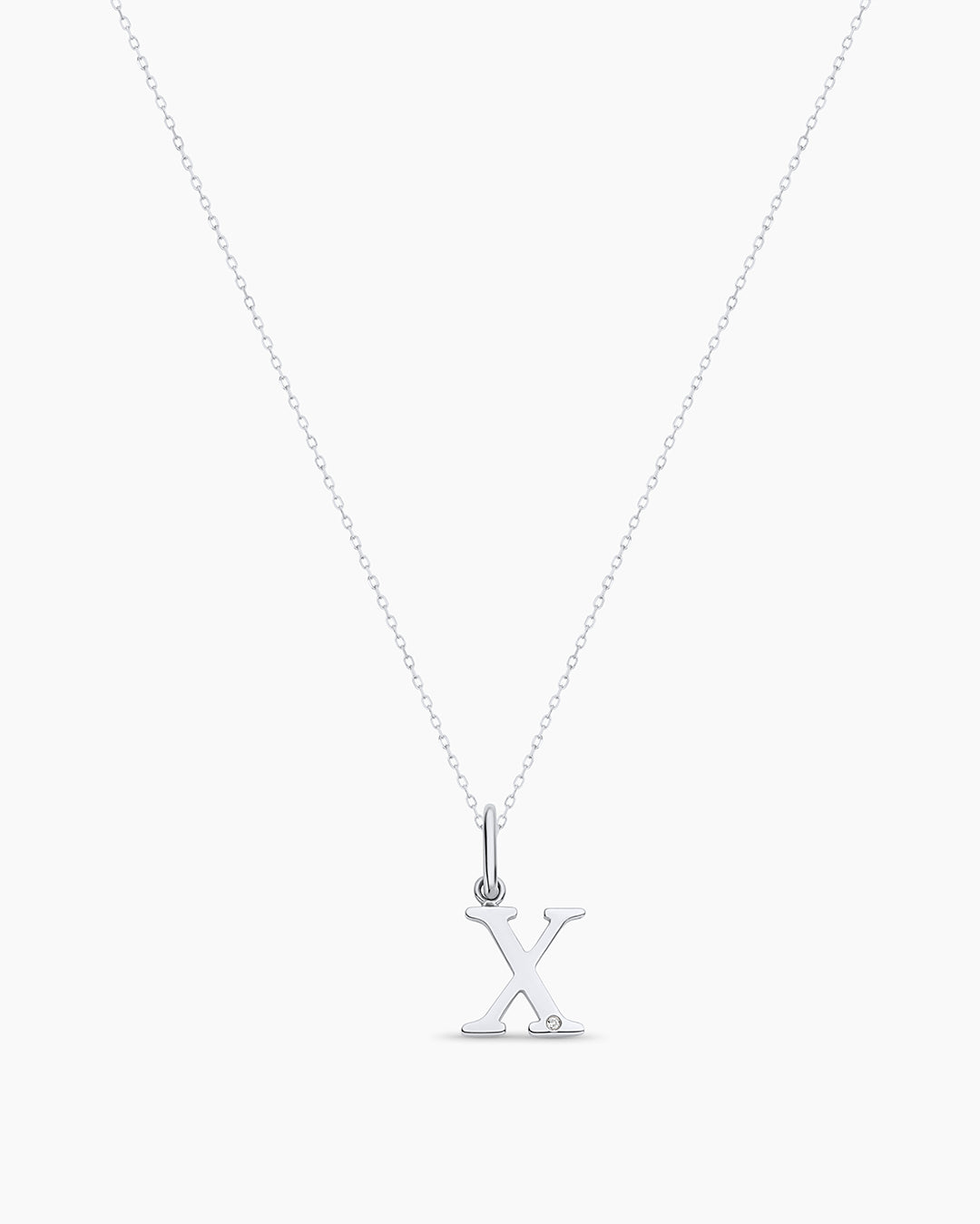 Diamond Vintage Alphabet Charm Necklace || option::14K Solid White Gold, X