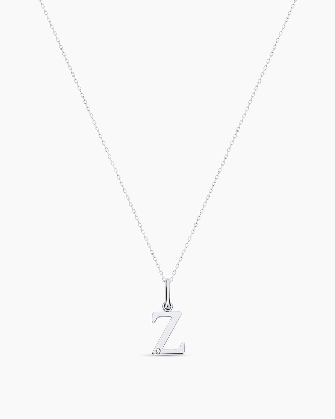 Diamond Vintage Alphabet Charm Necklace || option::14K Solid White Gold, Z