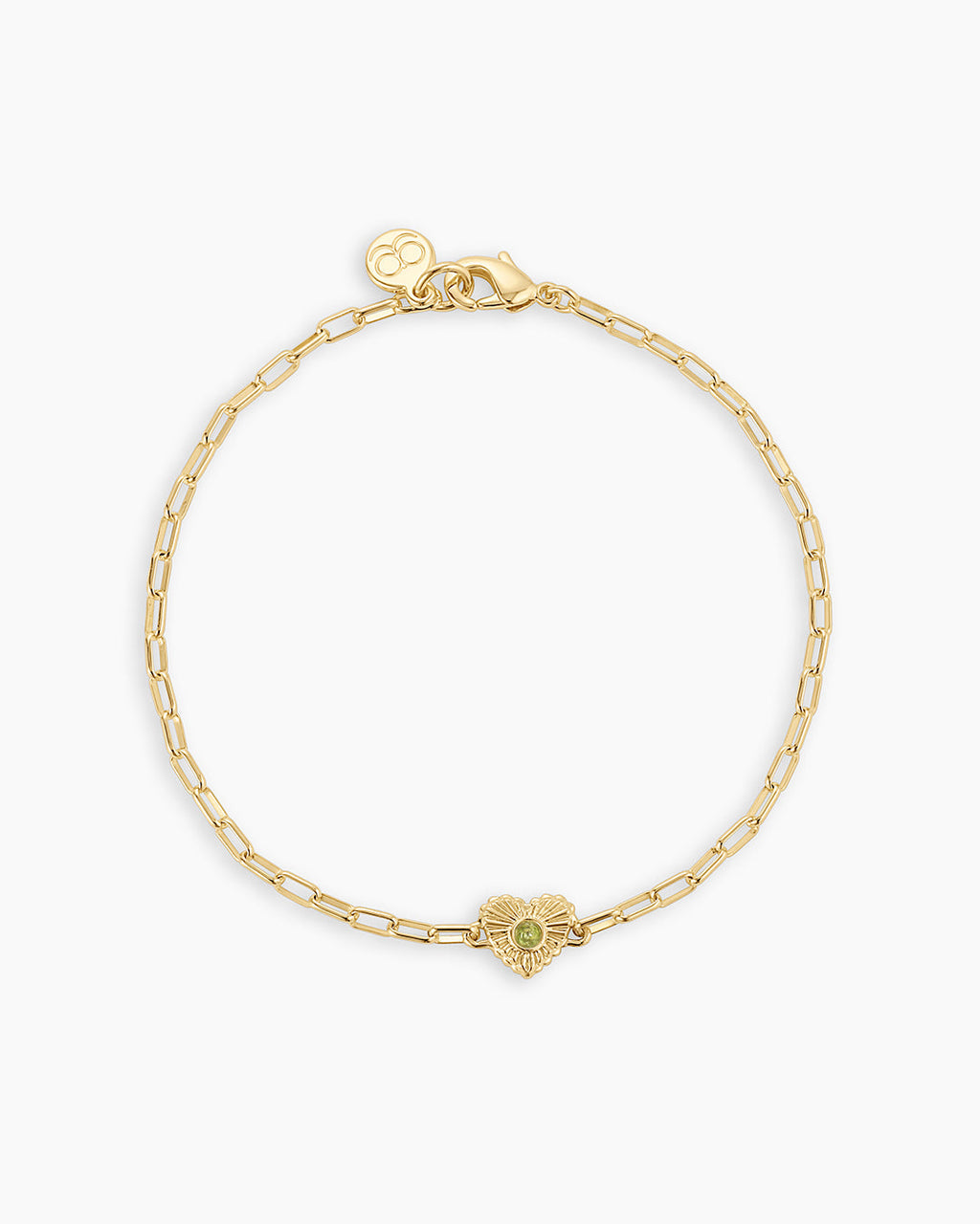 Birthstone Heart Bracelet || option::18K Gold Plated, Peridot - August