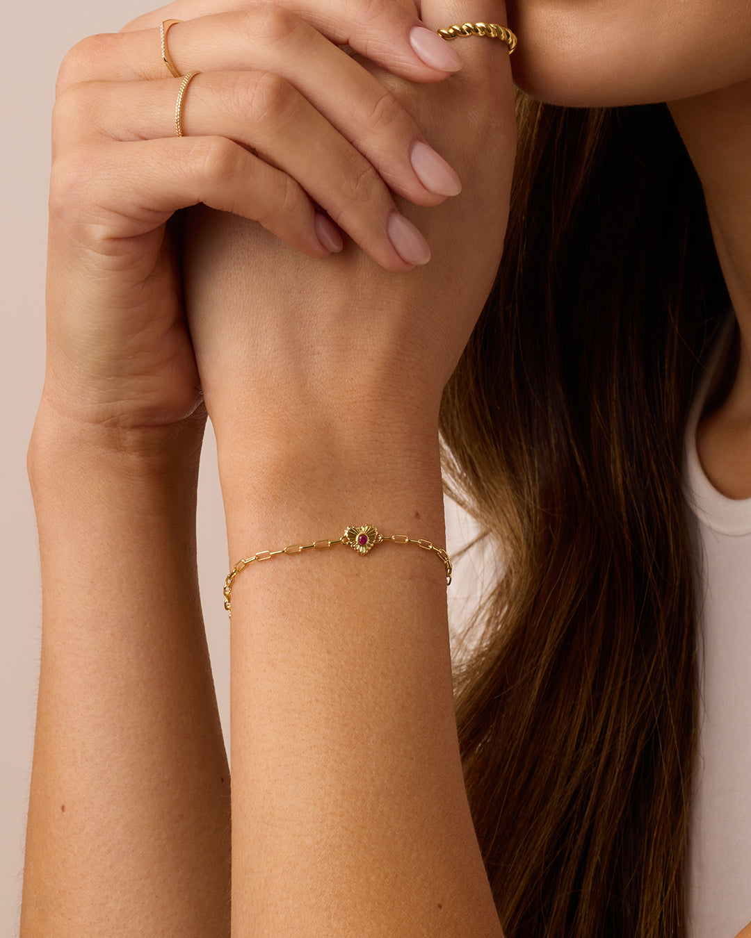 Birthstone Heart Bracelet || option::18K Gold Plated, Ruby - July