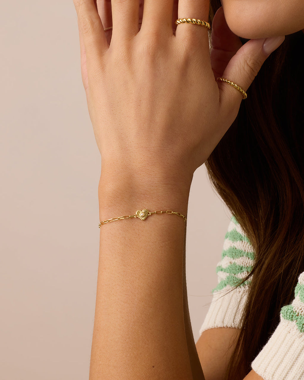 Birthstone Heart Bracelet || option::18K Gold Plated, Pearl - June