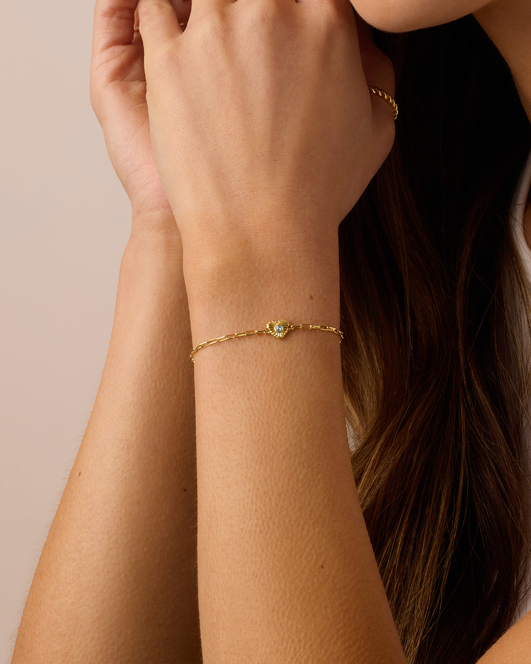 Birthstone Heart Bracelet || option::18K Gold Plated, Aquamarine - March