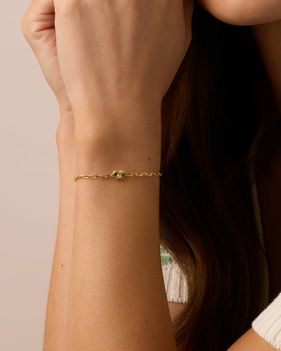 Birthstone Heart Bracelet || option::18K Gold Plated, White Topaz - April