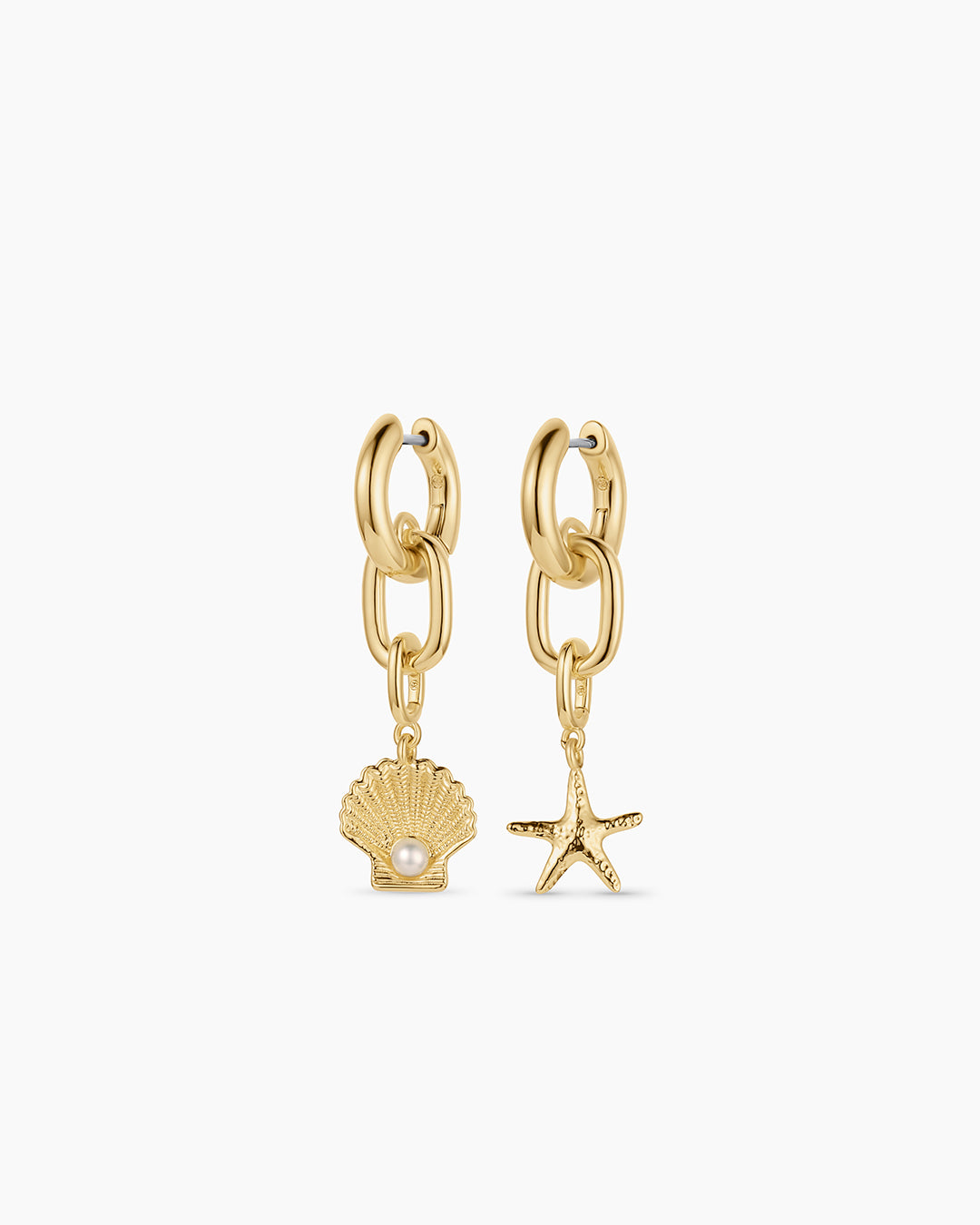 Shell Pearl & Starfish Charm Huggies || option::18K Gold Plated