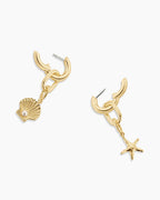 Shell Pearl & Starfish Charm Huggies || option::18K Gold Plated