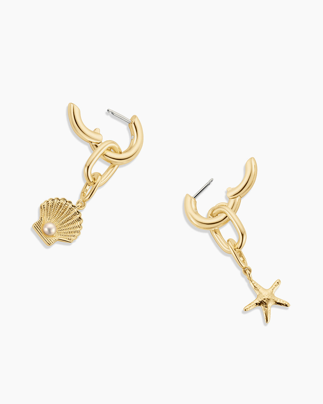 Shell Pearl & Starfish Charm Huggies || option::18K Gold Plated