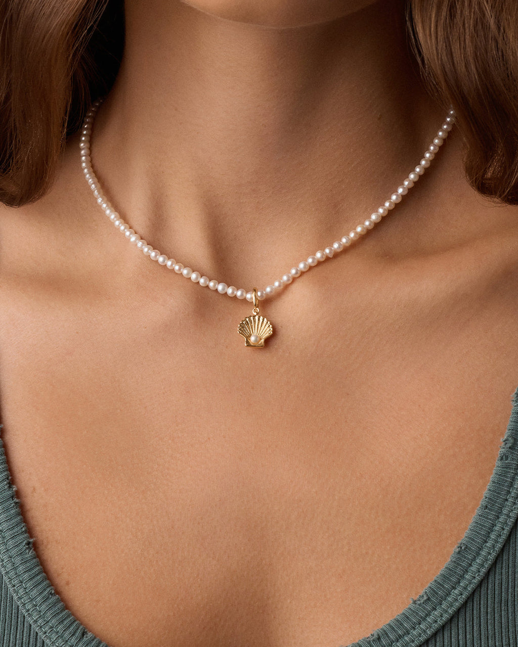 Shell Pearl Charm Necklace || option::18K Gold Plated