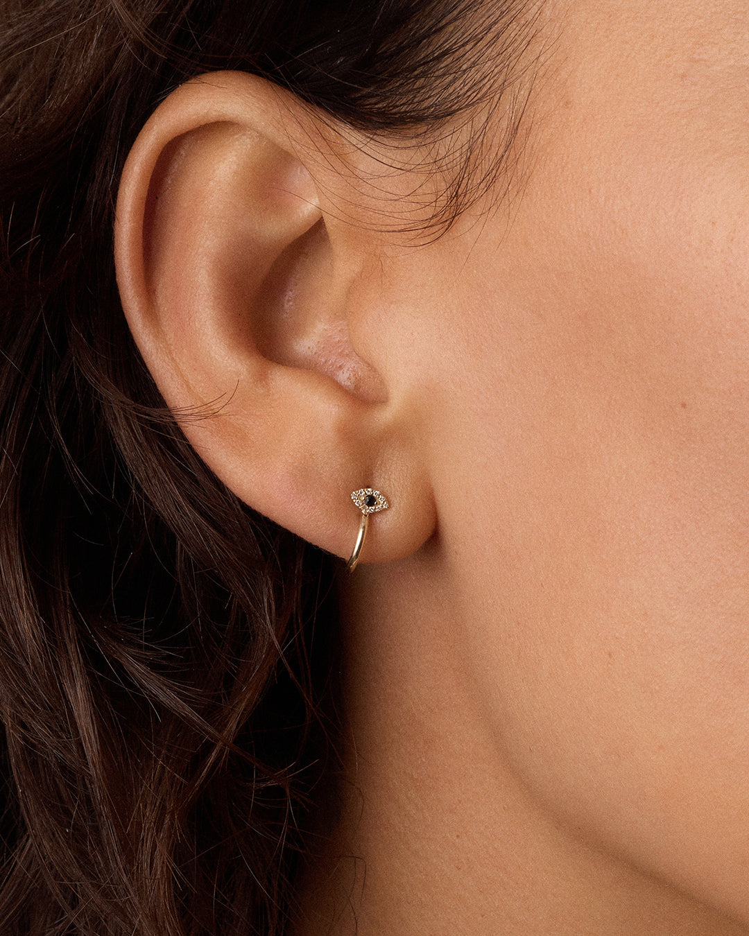 Diamond and Blue Sapphire Evil Eye Stud Huggies || option::14K Solid Gold