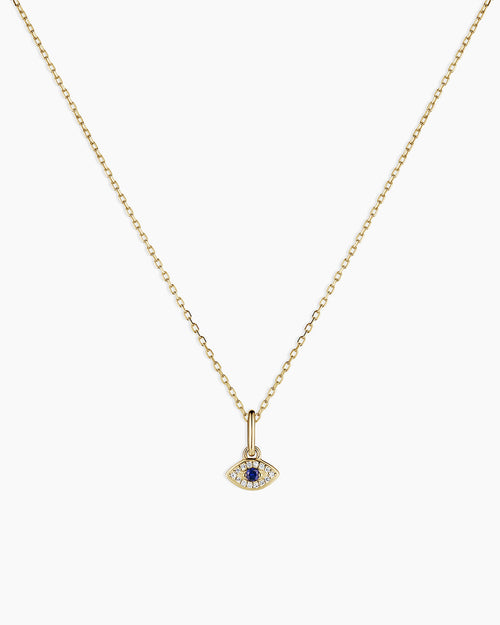 Diamond and Blue Sapphire Evil Eye Charm Necklace || option::14K Solid Gold