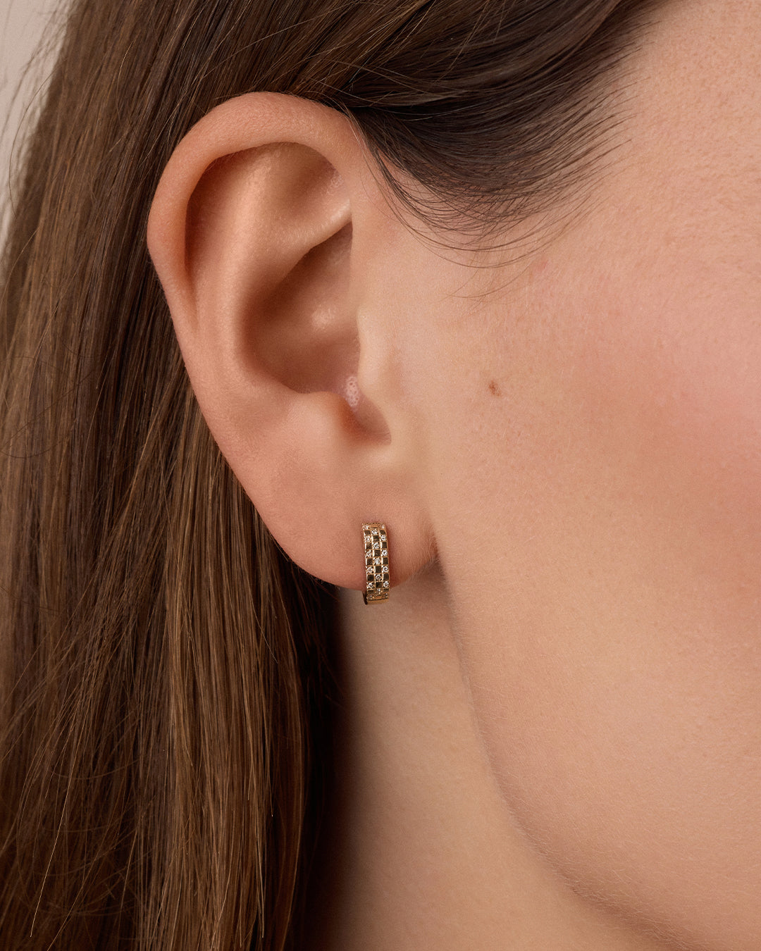 Diamond Checkered Mini Single Huggie || option::14K Solid Gold