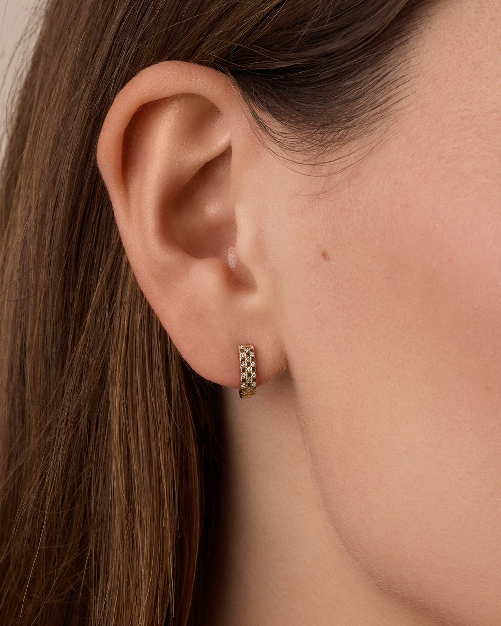Diamond Checkered Mini Huggies || option::14K Solid Gold