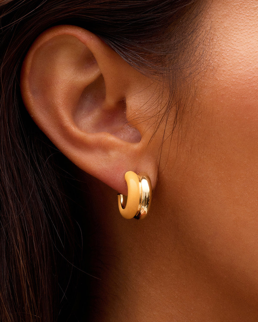 On model Lou Stacked Huggies || option::18K Gold Plated, Yellow