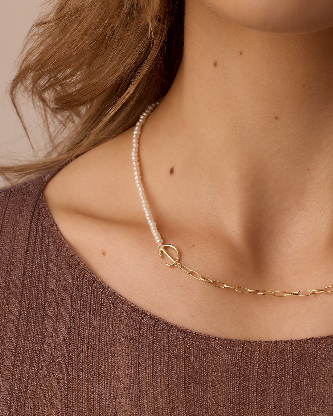 Lou Pearl Alphabet Necklace || option::18K Gold Plated, D