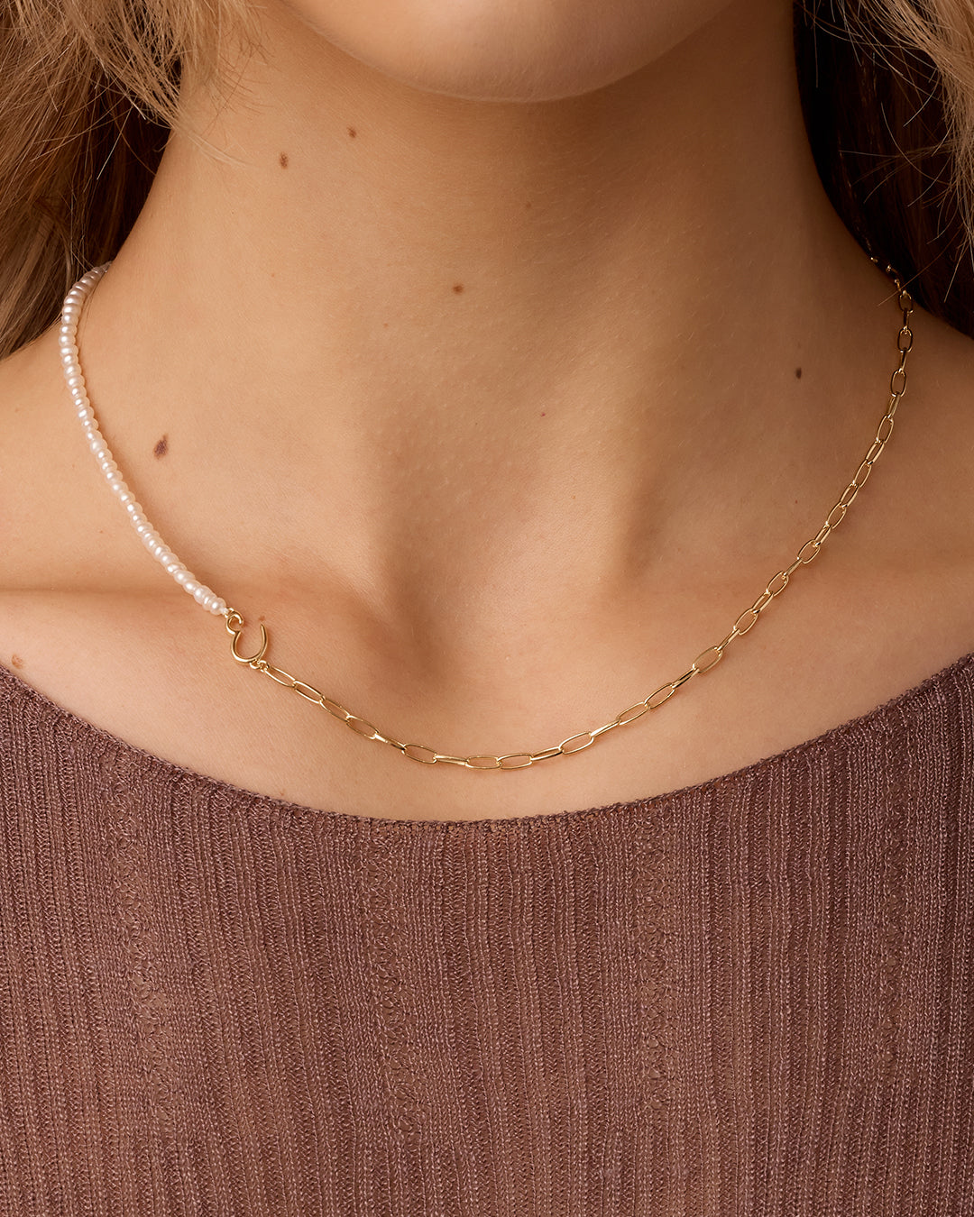 Lou Pearl Alphabet Necklace || option::18K Gold Plated, E