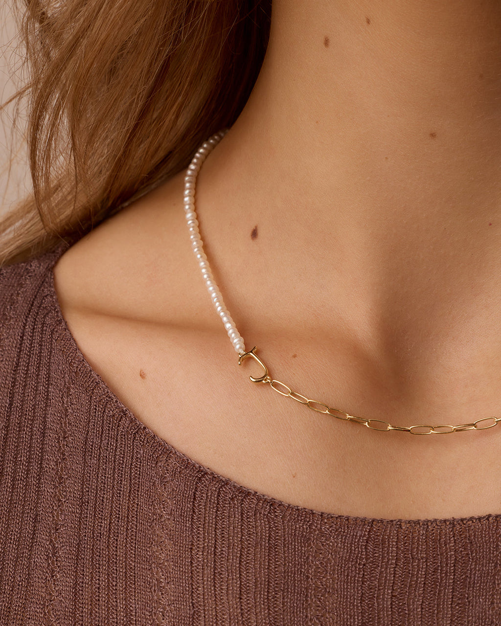 Lou Pearl Alphabet Necklace || option::18K Gold Plated, J